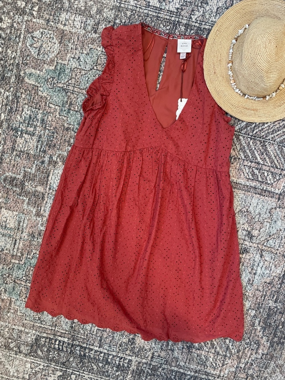 Knox Rose Eyelet Mini Dress Small Terracotta Sleeveless Boho Flowy NWT